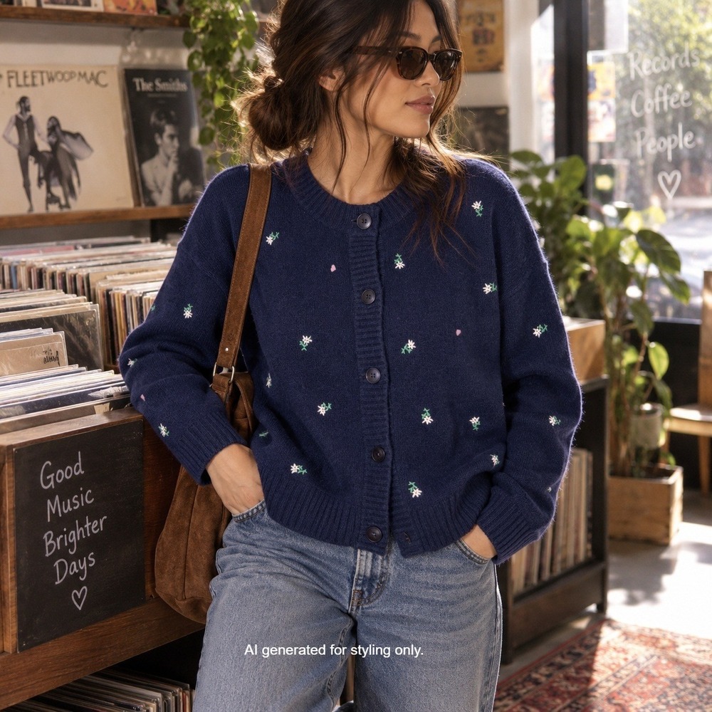 Universal Thread Navy Blue Floral Embroidered Button Front Cardigan Sweater M